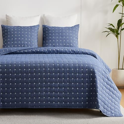 Qucover Colchas Cama 180 Azul Suaves y Cómodas de Algodón Lavado, 3 PiezasCubrecama 269x243cm con Patrón Moderno de Punto de Cruz, Manta para Cama 180 de Verano con 2 Fundas de Almohada