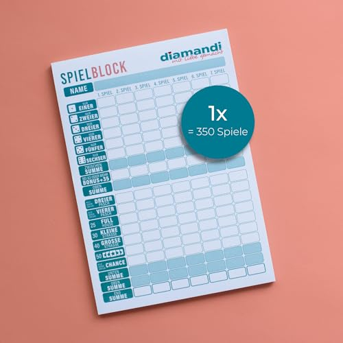 Diamandi Blocco da gioco per giochi di dadi, formato A5, 21 x 14,5 cm, 1 x 50 fogli, 3 x 50 fogli, 5 x 50 fogli, 10 x 50 fogli, carta robusta da 80 g/m² (1 blocco)