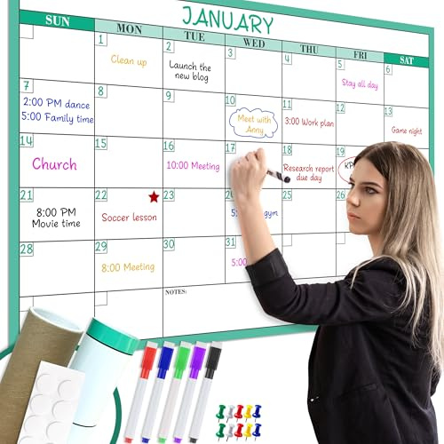 Trocken abwischbarer Monatskalender, extra groß, Whiteboard-Kalender für die Wand, 91,4 x 61 cm, undatiert, 1-Monats-Layout, Wandkalender, löschbar und wiederverwendbar, laminierter Kalender, keine