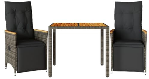 vidaXL Garten Bistroset 3-TLG., Balkonset mit Kissen, Gartenmöbel Tisch 2 Verstellbare Stühle, Balkonmöbel Sitzgruppe Gartengarnitur, Grau Poly Rattan