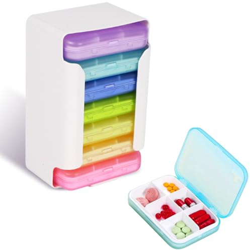 Medikamentenbox 7 Tage Herausnehmbar | 9 x 6,5 x 2,2 cm, 6 Fächer je Tagesbox, BPA-Frei, Blickdichte Oberfläche, für Kapseln Ohrringe Perlen