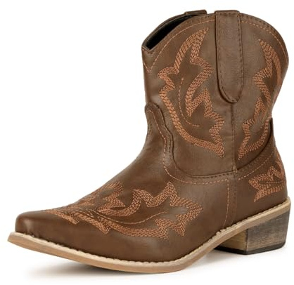 Ophestin Womens Western Cowboy Boots Low Chunky Pointed Toe Embroidery Wide Calf Cowgirl Boots PU Brown 5UK