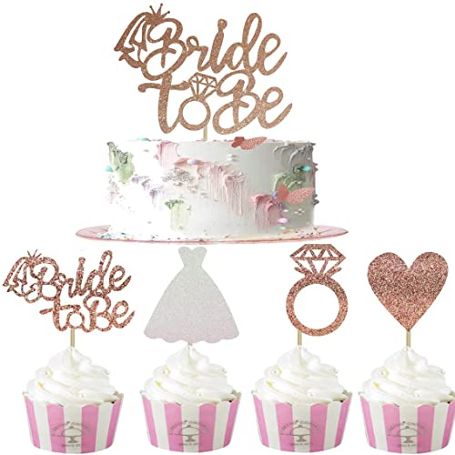 Bride To Be Cake Topper,24 Stück Roségold Cupcake Topper Glitter Verlobung Deko Tortenstecker für Bridal Shower Supplies Bachelorette Party Dekorationen