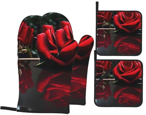 CHUNMINW Set di 4 guanti da forno e presine con stampa di rose rosse specchiate e guanti da cucina, resistenti al calore, per cucinare 17,8 x 27,9 cm