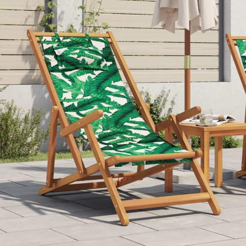 Somanki Strandstuhl Klappbar Blattmuster Massivholz Eukalyptus Stoff, Camping-Stühle, Strandsessel, Strandliege, Angelstühle, Beach Chair, Gartenstuhl - 366562
