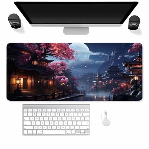Gaming Mauspad XXL Japanische Landschaft Mousepad 1200x600x2mm Verlängertes groß Mauspad mit vernähten Kanten Waschbares Tischunterlage für Büro, Zuhause, Tastatur
