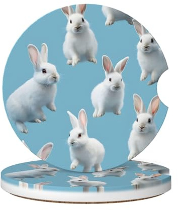 Cavizow Sottobicchieri in ceramica per auto, confezione da 2 pezzi, motivo coniglio bianco, assorbenti, per portabicchieri, antiscivolo, con base in sughero, per auto