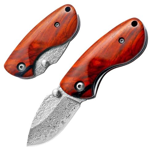 Joa Taschenmesser Damast 4,5cm Klappmesser Damaszener Damaststahl Holzgriff | Klein, Outdoor Survival Jagdmesser, Einhandmesser, Flipper Faltmesser, Mini EDC Neck Knife