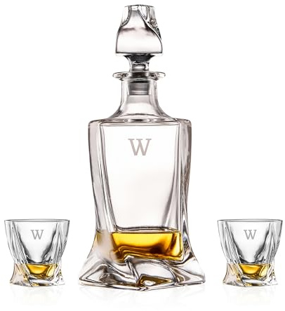 Custom Engraved W Initial Whiskey Decanter and Glasses Set - 25oz Crystal Liquor Decanter with 2 x10oz Rocks Glasses - Personalized Gift for Men, Dad, Husband, Groomsmen - For Bourbon, Scotch, Whiskey