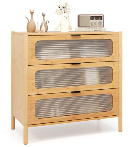 COSTWAY Kommode mit 3 Schubladen, Sideboard aus Bambus & Gehärtetes Glas, Schubladenschrank im Mid-Century-Stil für Wohnzimmer, Schlafzimmer, Flur, Natur, 80 x 40 x 78,5 cm