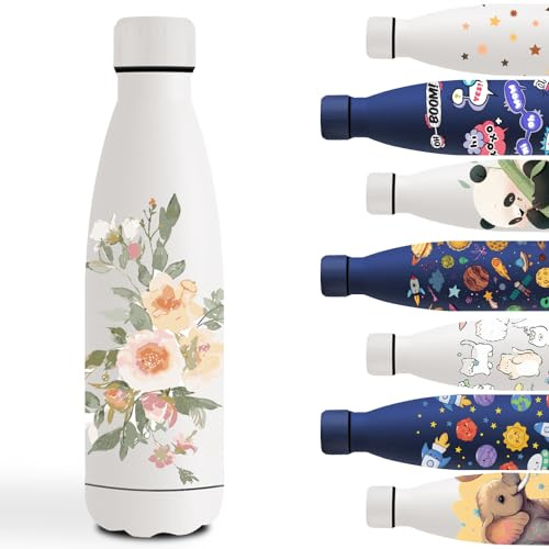 Gourde Isotherme, 500ml Gourde Enfant, Facile à Nettoyer, Bouteille Isotherme avec Fleur, Thermos Sport, Facile à Transporter, Bouteille d'eau anti Fuite, pour l'École, Bureau, Voyage, Sports, Blanc