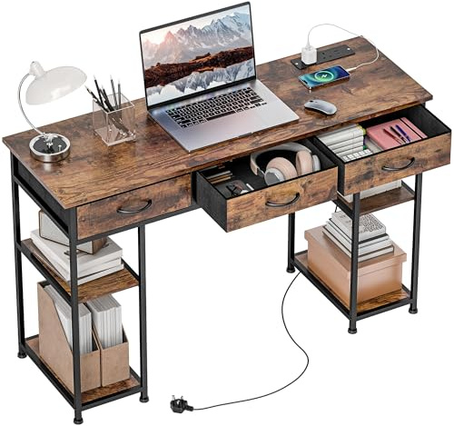HOMCOM Wood Computer Desk with Drawers, Power Outlets 120cm Rustic Brown