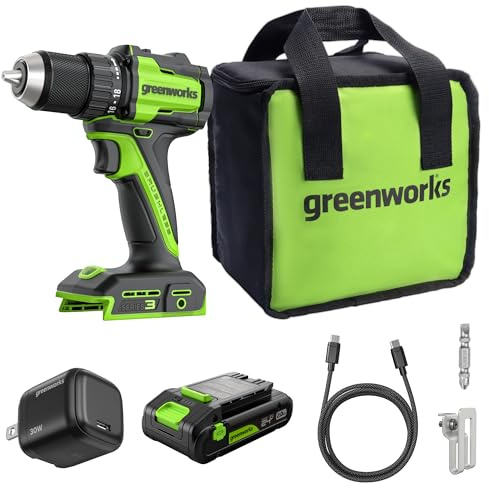 Greenworks 24V Trapano Avvitatore a Batteria 45Nm Brushless Trapano Avvitatore Batteria, luce di lavoro a LED, frizione 18 + 1, batteria USB-C 2.0Ah (12.000mAh), caricabatteria USB-C da 30W DD345