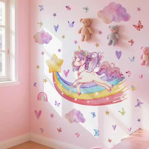 WandSticker4U®- Wandtattoo EINHORN REGENBOGEN XXL (126x79 cm) I Wandsticker Kinderzimmer Mädchen Einhorn Regenbogen Prinzessin Fee Sterne I Wandaufkleber Kinderzimmer Deko Mädchen Babyzimmer GROß