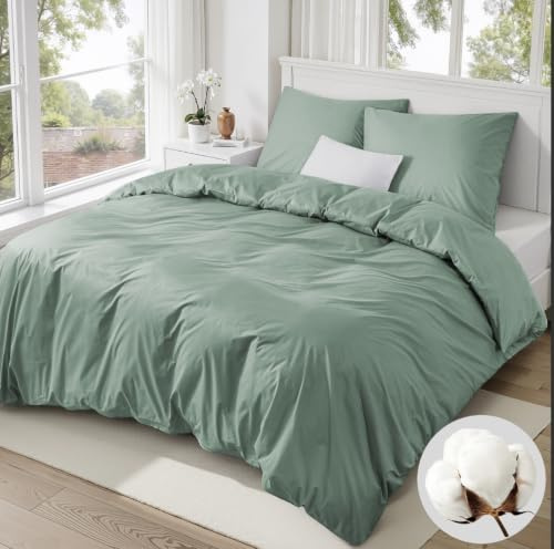 Duvetnova Bettwäsche 155x220 Grün Baumwolle,Grüne Bettwäsche 1 Bettbezug 155x220 Baumwolle + 1 Kissenbezug 80x80 cm,ÖKO-TEX Bettwäsche-Sets 100% Baumwolle mit Reißverschluss