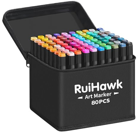 RuiHawk Feutres Alcool, 80 Couleurs Feutre a Alcool Pointe Double, 2S Séchage Rapide Marqueur avec Pochette de Transport et Espaceur, Feutre Coloriage Adulte pour Croquis Coloriage Calligraphie