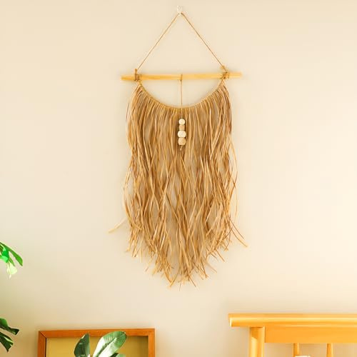 PAEFIU Seegras Weide Wandbehang, Rustikale Gewebt Tapisserie, Boho Wand Kunst, Bauernhaus Rattan Wanddekoration, Quaste Handgemachte, Raphiabast Ästhetisch Wandtuch, für Schlafzimmer, Wohnzimmer