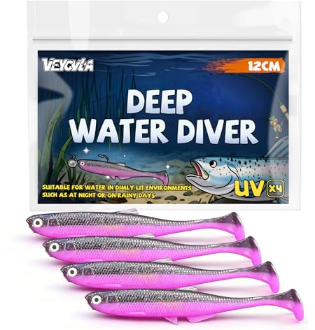 VEYCVLA Fishing gummifisk, gös, abborre, 12 cm, 4 stycken, gummibete, gös, fiske, mjuk bait, fiskedrag, UV-aktivt, gummifisk, set gös, gummifisk, gös, bete (E)