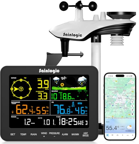 Sainlogic Stazione meteorologica intelligente con Wi-Fi, Previsioni meteo IA 24/7 di Weatherseed®, Avvisi via email, Pluviometro Digitale, Archiviazione dati storici di 2 anni, Solo 2.4 GHz