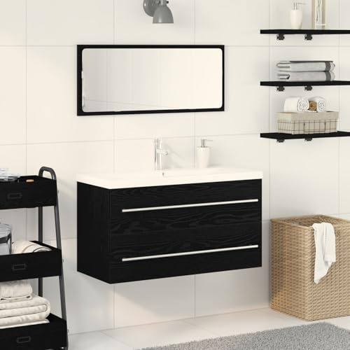 BARULUOAKLIFE Mobile Lavabo Bagno Rustico Legno Recuperato con 2 Cassetti Spaziosi e Piano Ceramica 90x38.5x48 cm per Interni Colore Nero Montaggio Incluso