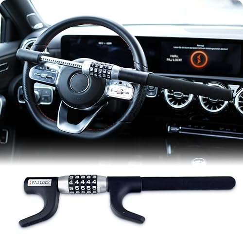 PAJ LOCK Bloccasterzo Universale per Auto, SUV, Furgoni e Camion - Ganascia Volante Regolabile, Antifurto Meccanico con Codice a 5 Cifre, Martelletto per Emergenza