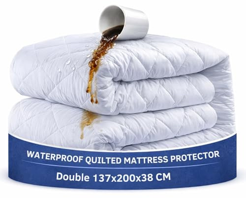 The Pure Thread 100% Waterproof Mattress Protector Double Bed – 34cm Extra Deep Fitted Cover, Noiseless Breathable Quilted Mattress Cover, Hypoallergenic Double Bed Mattress Protector (137×200cm)