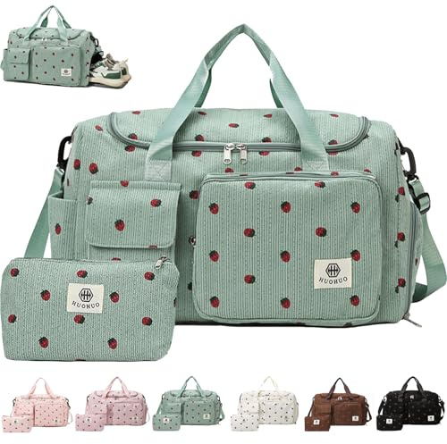 AUNGKWANG Reisetasche Damen, Sporttasche Damen mit Schuhfach, Nassfach and Kleine Geldbörse, Cord Schwimmtasche, Erdbeere Gym Bag, Weekender Travel Bag für Reisen, Fitness, Sport, 48x22x27 cm