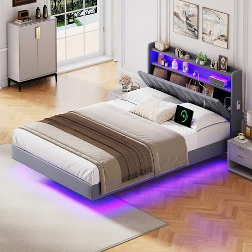 Besbed Double Bed Frame, 4ft6 Upholstered Bed with Concealed Rhombic Headboard Storage and LED & Charging-Station, Wooden Slats, Velvet, Grey, (No Mattress)