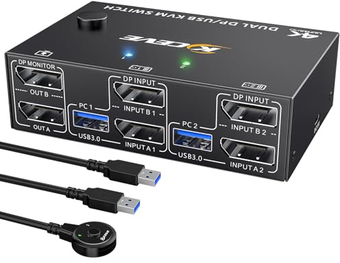 8K Displayport KVM Switch 2 Monitors 2 Computers 8K@30Hz 4K@144Hz,MLEEDA Dual Monitor KVM Switches with 4 USB 3.0 Ports for Keyboard Mouse USB Peripherals,Wired Remote and 2 USB Cables Included