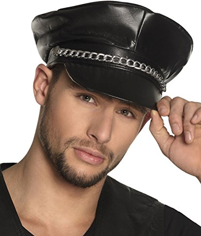 Boland 82001 – Mössa Rocker, läderutseende, svart, unisex, med länkkedja, hatt, huvudbonad, kostym, karneval, temafest