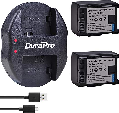 DuraPro Lot de 2 batteries BP-808 BP 808 + double chargeur USB pour Canon BP-827 BP 827 BP-819 BP-807 BP-809 ; caméscope Canon HG31 XA10 HF20 HF10 HF100 HF100E HG20 HG21 ers
