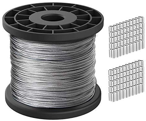 Cavo Metallico 1/16, Cavo in Acciaio Inossidabile 304, Lunghezza 100 m, Resistenza Alla Rottura 167 kg con Manicotto ad Anello per Morsetti a Crimpare in Alluminio da 100 Pezzi