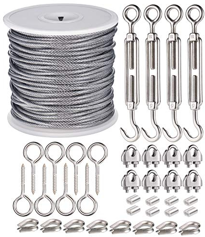 JIZZU 37 Stück Drahtseil 2mm Edelstahl Drahtseil Spanndraht, 30M Stahlseil Ummantelt mit ösen Seilspanngarnitur, für String Light Suspension, Wäscheleine, Gardinenseil, Kletterpflanzen