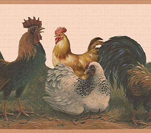 Dundee Deco DDAZBD9076 Tapetenbordüre zum Abziehen und Aufkleben, Landhausweiß, Braun, gelber Hahn, Henne und Küken, Wandbordüre, Retro-Design, 4,57 m x 17,78 cm, selbstklebend