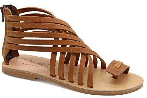 Emmanuela Sandali in pelle Gladiatore con gambi a cerniera, scarpe estive a mano greco di alta qualità, sandali piatti anello di punta, sandali boho chic, Marrone scuro, 36 EU