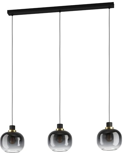 EGLO Hängelampe Oilella, 3-flammige Pendelleuchte Rauchglas über Esstisch | Deckenlampe hängend aus Metall mit Glas-Kugel in Schwarz-Grau mit Messing, Kugellampe mit E27 Fassung, L 95 cm