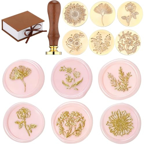 Chrisfall 6 Pcs Wax Seal Stamp Kit Flower Sealing Wax Stamps with Removable Wooden Handle, Brass Botanical Floral Stamp Kit for Easter, Wedding Invitation, Envelopes, Gift Packaging(Fresh Style)