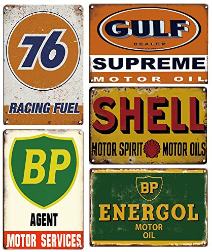 Lot de 5 panneaux en métal rétro vintage pour voiture, moto, essence, garage, maison, décoration murale – 20 x 30 cm Combo E