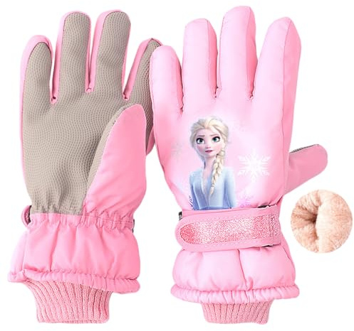 FEIFEI'S Bow Kinder Jungen Mädchen Spider ELSA Wasserdicht Winter Schnee Skifahren Snowboard Fleece Thermo Warme Outdoor Handschuhe (Rosa ELSA)