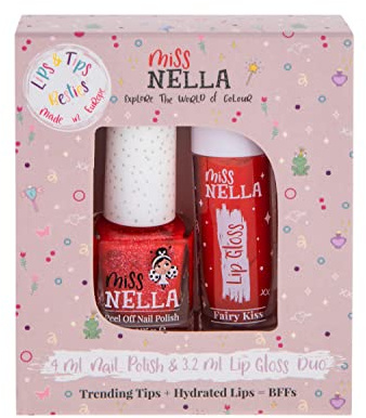 Miss Nella Fairy Kiss Lips & Tips duo- duftender Lipgloss + glitzernder Nagellack für Kinder mit abziehbarer, wasserbasierter und geruchsfreier Formel