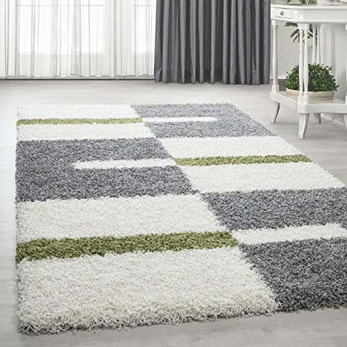 HomebyHome Rund Teppich - Extra Weicher und Flauschiger 200 cm Grau, Weiß und Grün Hochflor Runder Teppich für Wohnzimmer, Schlafzimmer, Küche, Flur