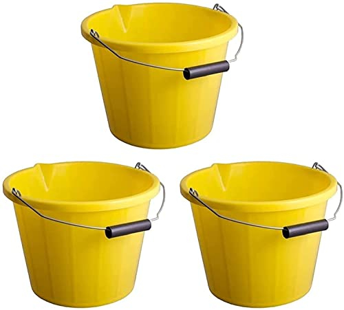 3x Heavy Duty Yellow Plastic Builders Bucket 3 Gallon 14 Litre Cement Mixing Storage Strong Bucket with Handle and Spout Great For Construction, Animal Feed - Made In UK