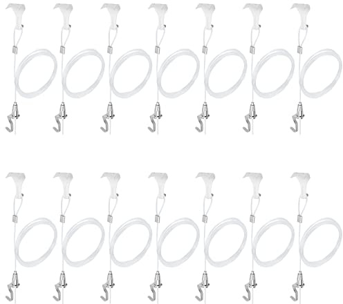 Sturdy Picture Rail Hanging System, 66 lb Max Load, 3ft Invisible Clear Wire Loop, White Rail Hook, Adjustable Picture Hanging Wire Hooks Kit, Frames Display (14 Pack)