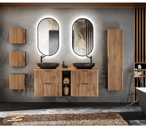 Lomadox Badezimmer Komplett Set 7-teilig schwarz gerillt Doppelwaschtisch 141 cm mit Regal Aufsatzwaschbecken LED Spiegel 3 Hängeschränke Hochschrank anthrazit mit Eiche Nb.