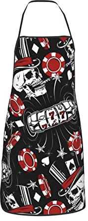 FWJZDSP Tablier Vintage noir de Poker de crâne de jeu pour femmes hommes avec poches tabliers de cuisine pour Chef cuisinier barbecue Grill
