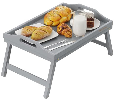 Mantraraj Bamboo Bed Table with Foldable Legs And Handles Multipurpose Laptray & Bed Tray For Breakfast in Bed,Sofa,Eating,Platters,Working,Serving,Drawing,Laptop Stand&Snack Tray- Grey 60.5Wx30Lx 23H