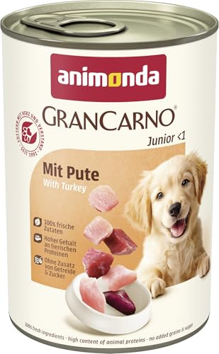 animonda GranCarno Hundar våtfoder med kalkon (6 x 400 g), valpfoder vått utan spannmål för unga hundar, med färska köttiga ingredienser, junior hundfoder