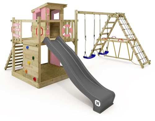 WICKEY Spielturm Klettergerüst Smart Surf mit Schaukel & pastellpinker Rutsche, Outdoor Kinder Kletterturm mit Sandkasten, Leiter & Spiel-Zubehör für den Garten