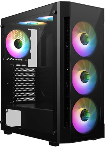 CiT Destroyer Black ATX PC Gaming Case - Angular Tinted Tempered Glass Front & Side Panels, Includes 6x 120mm ARGB Fans & 6-Port MB Sync Hub, 360mm Water Cooling Support, Mid Tower Chassis | Black