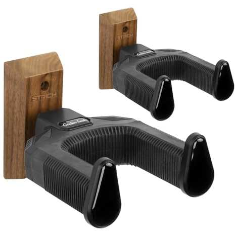 STRICH Soporte de pared para guitarra con base de nogal, soporte de pared para guitarra en forma de U con soporte de bloqueo automático para acústico, eléctrico, banjo y bajo (paquete de 2)